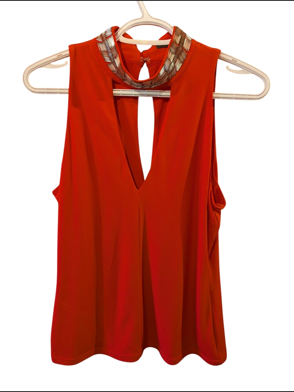 Guess Sleeveless Red V-Neck Tank with Embellished Collar